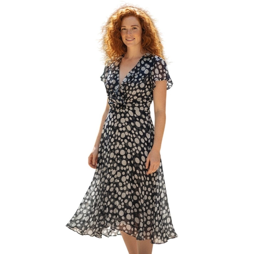 Dressbarn Dress Black White Polka Dot Ruffle‎ Midi Career Casual Party